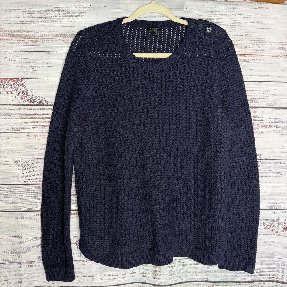 Talbots Women Large Navy Lambswool Blend Open Knit Button Shoulder Sweater